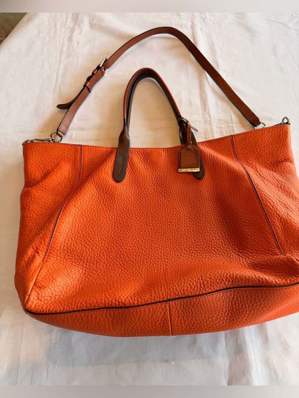 Cole Haan Extra Large Crossbody Shopper Tote Orange Pebbled Leather Dual Handle